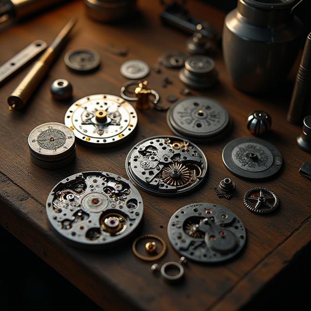 Watchmaker’s workbench with disassembled movement