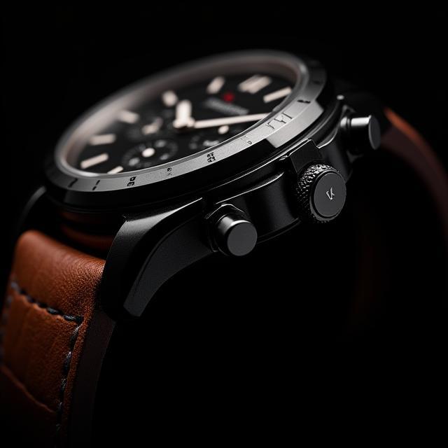 Black chronograph watch on leather strap